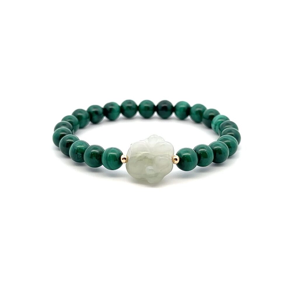 Natural Malachite Gemstones Stretch Bracelet and Carved Paw Jade 18k Tiny Beads